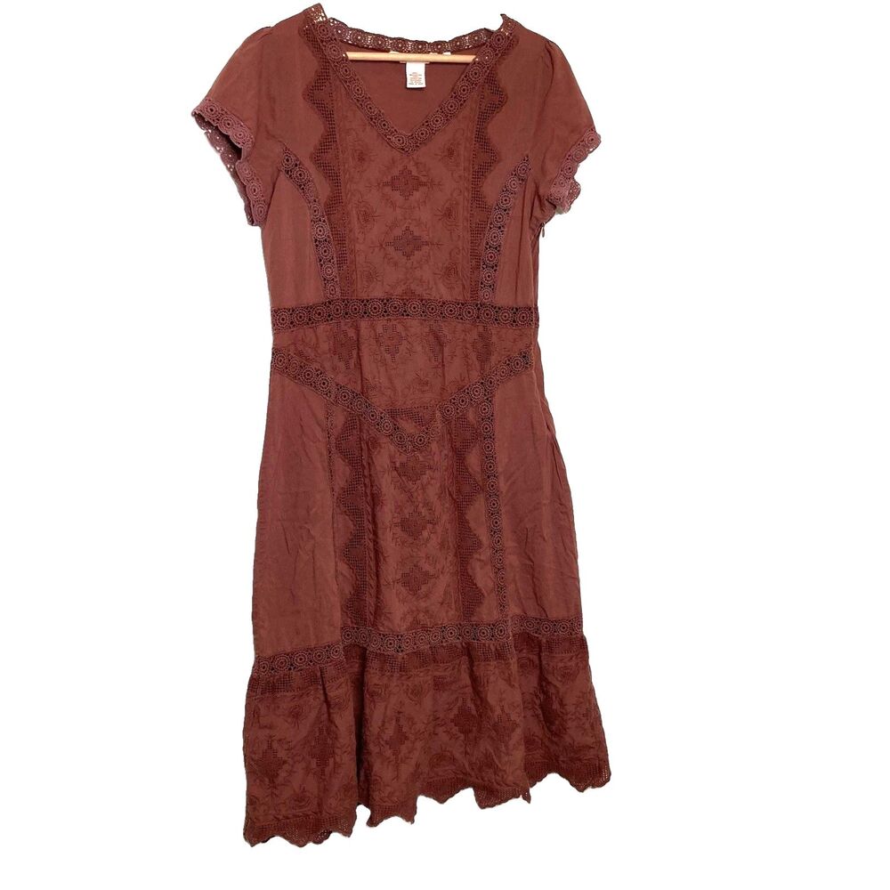 Sundance Midi Dress P10 Brown Pleated Bohemian Floral Tiered HIpster Ruffled